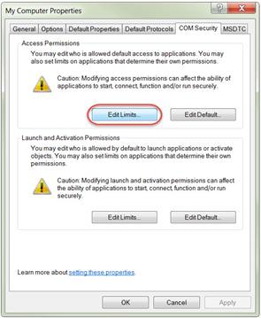 COM Security tab > Access Permissions > Edit Limits