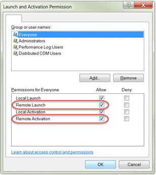 COM Security tab > Launch and Activation Permissions > Edit Limits > Everyone group - enable remote permissions