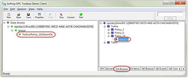 Softing OPC Toolbox Demo Client > DA Browse tab > ToAira > Policy_xx > Double-click AlarmOn to add