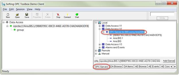 Softing OPC Toolbox Demo Client > OPC Servers tab > Local > Data Access V2 > OPC Server for BIS using Aira2005 > Double-click to add
