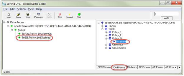 Softing OPC Toolbox Demo Client > DA Browse tab > ToBIS > Policy_xx > Double-click Disabled to add